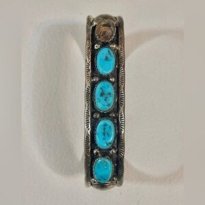 VTG Native American Navajo Sterling Blue Turquoise Cuff Bracelet Sz 6.5”